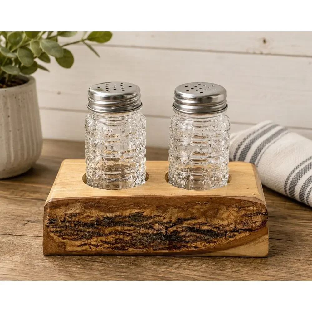 Rustic Wood Salt & Pepper Shaker Holder Set Live Edge Bark Glass Shakers Handmad